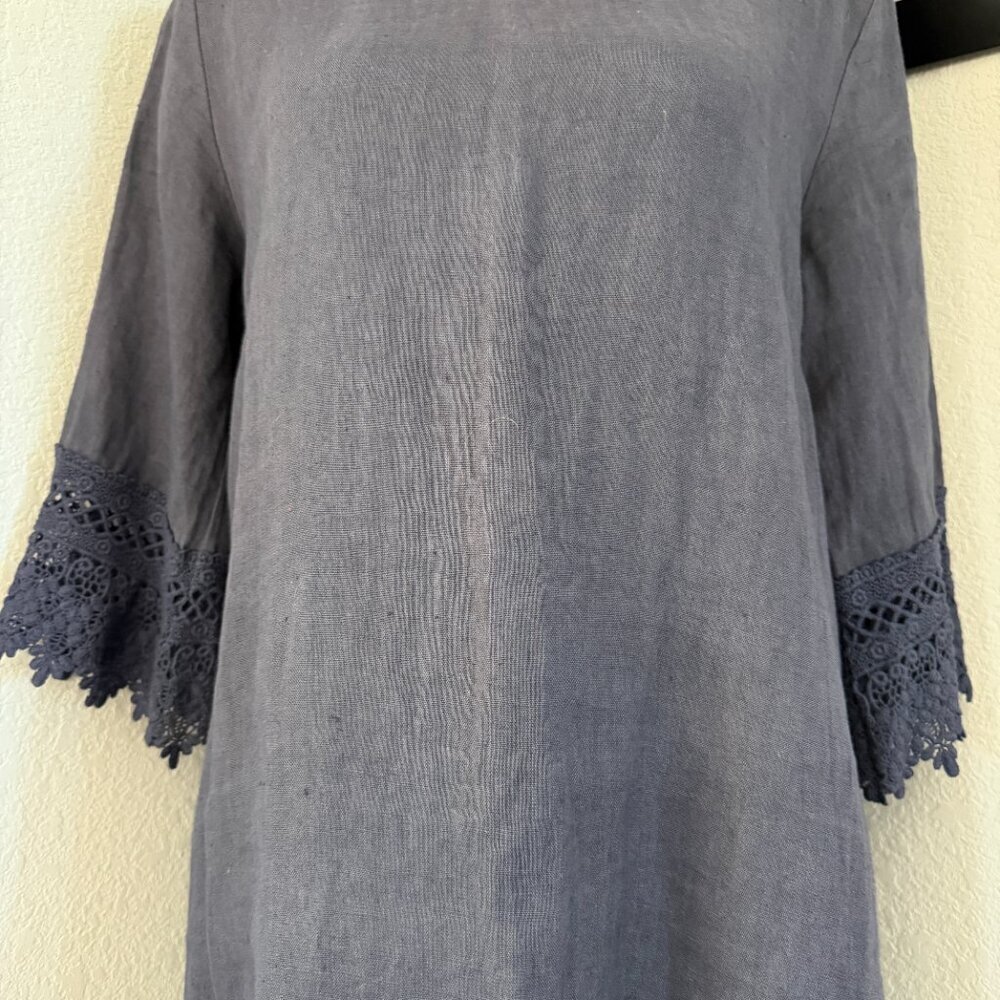 ROSEMARINE 100% Italian Linen 3/4 Sleeve Crochet Dress Blue Gray Small - Picture 9 of 13